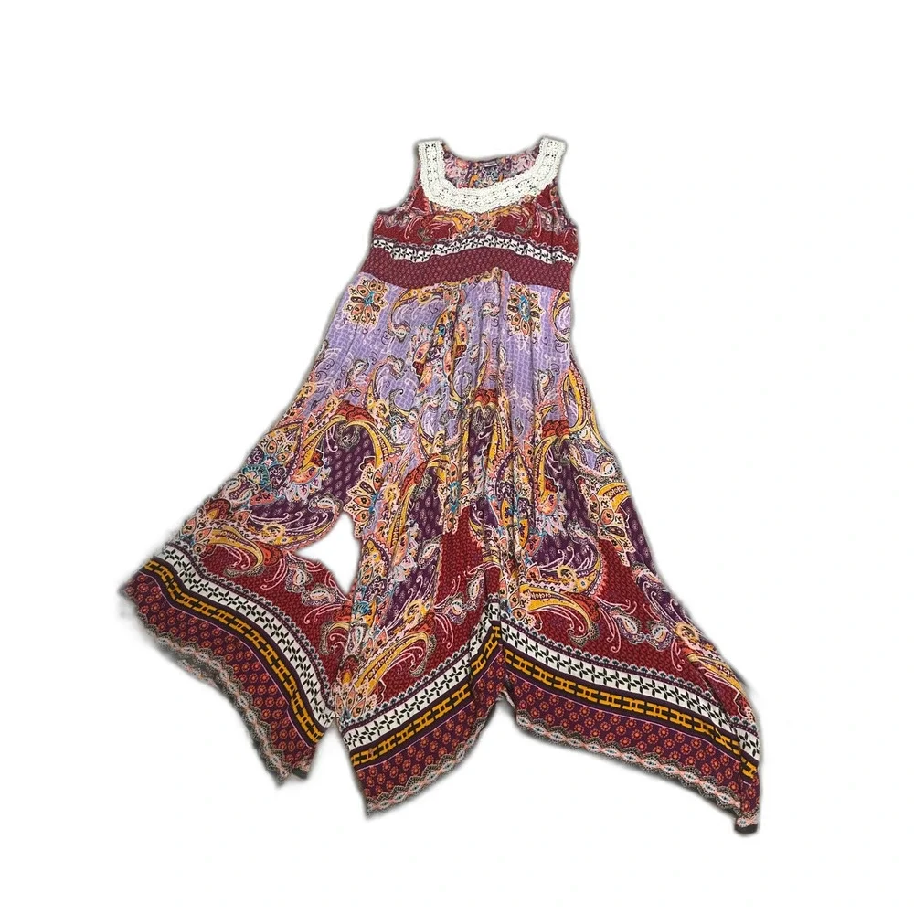 Bila Boho Paisley Midi Dress M Crochet Lace Neck Sleeveless Handkerchief Hem - Picture 3 of 6